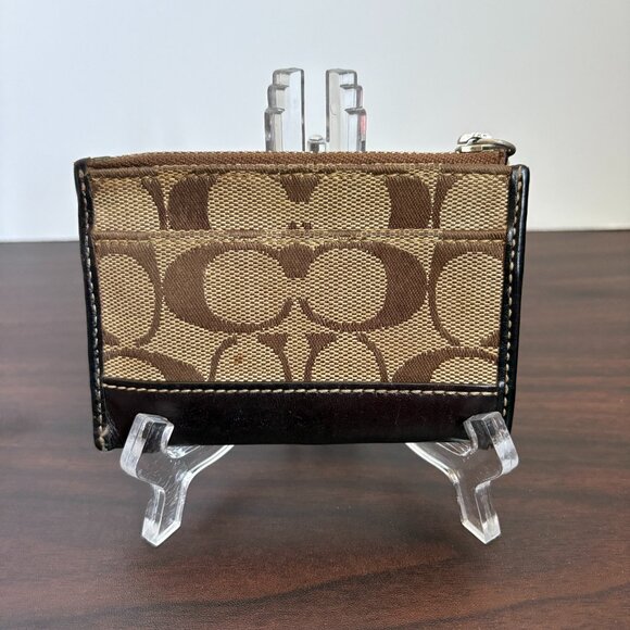 Coach Hampton Signature Mini Skinny ID Card Case Khaki Brown Leather Keychain - Picture 1 of 7